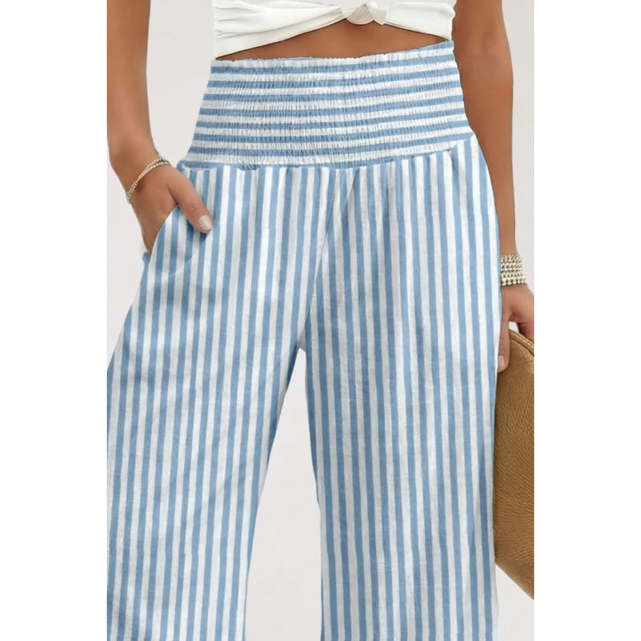 Striped Wide-Leg Pants with Smocked Waist Apparel and Accessories