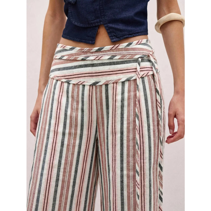 Striped Wide-Leg Pants with Tie Waist Apparel and Accessories