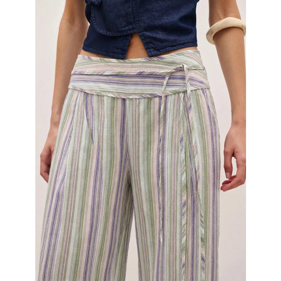 Striped Wide-Leg Pants with Tie Waist Apparel and Accessories