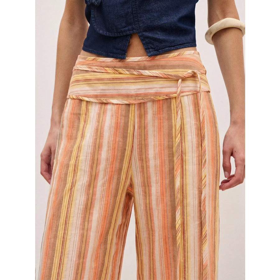 Striped Wide-Leg Pants with Tie Waist Apparel and Accessories