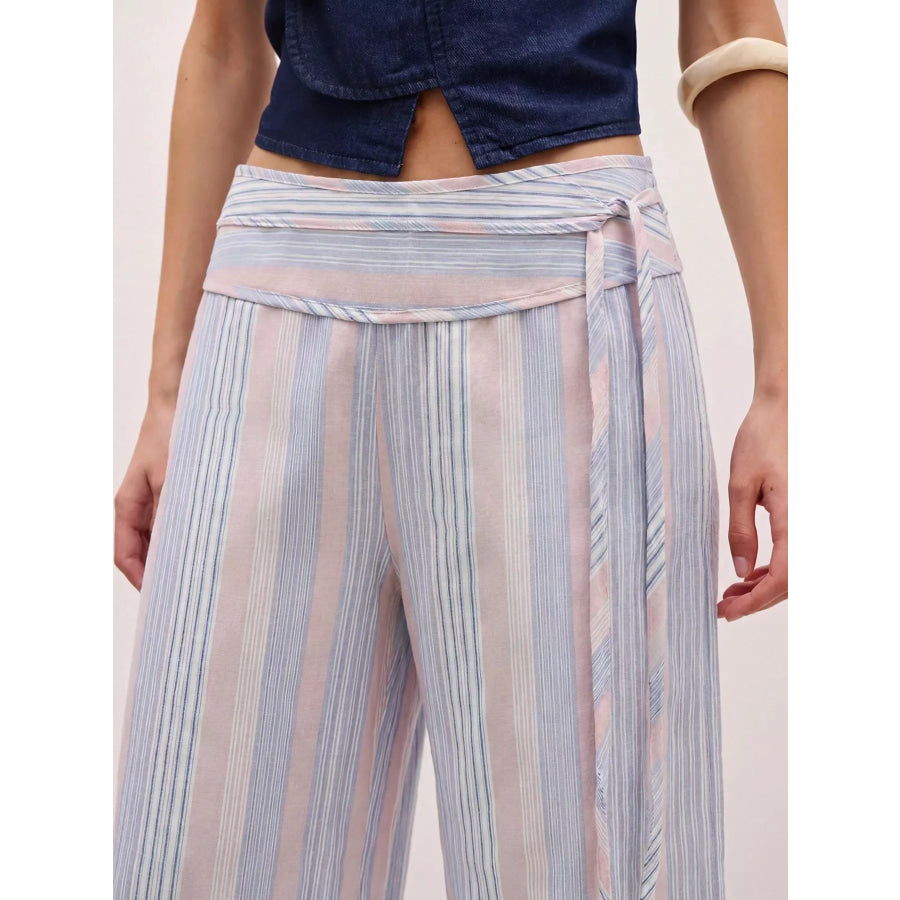 Striped Wide-Leg Pants with Tie Waist Apparel and Accessories