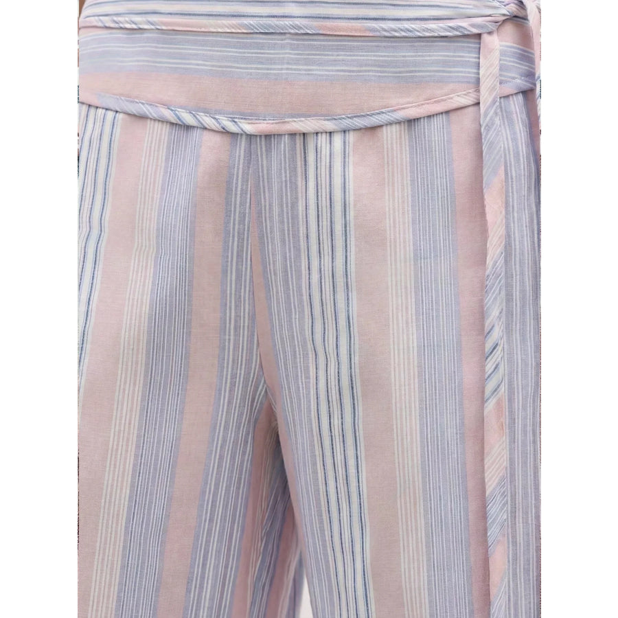 Striped Wide-Leg Pants with Tie Waist Apparel and Accessories