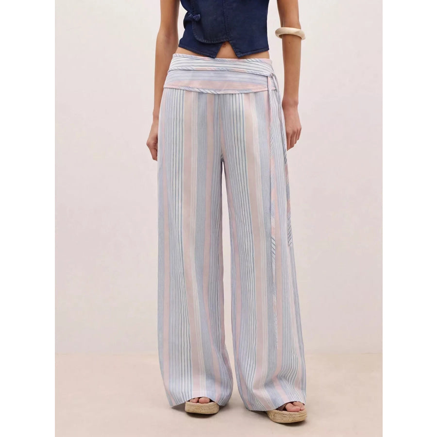 Striped Wide-Leg Pants with Tie Waist Blue / S Apparel and Accessories