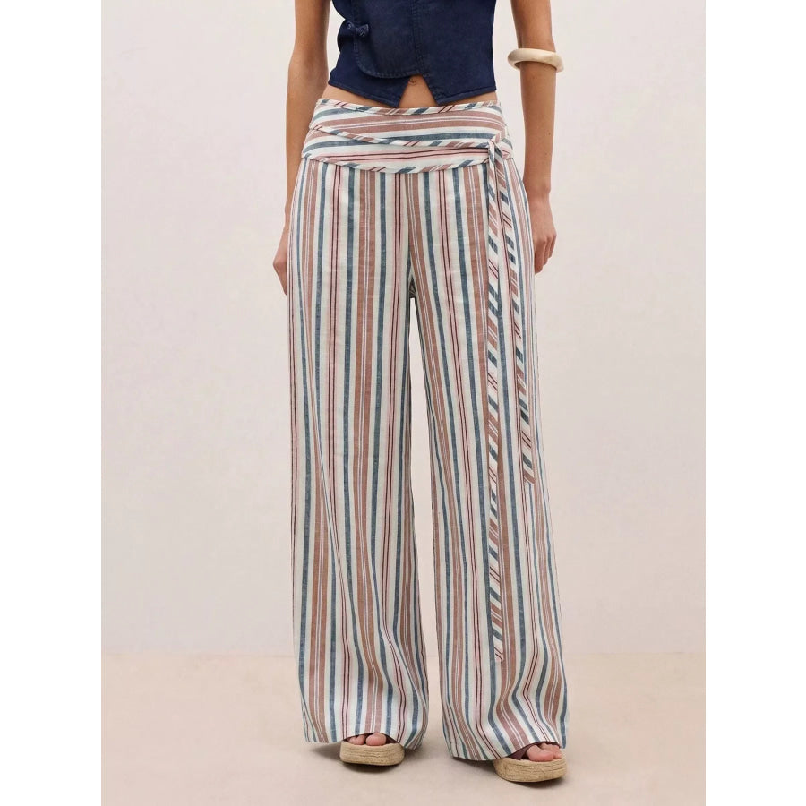 Striped Wide-Leg Pants with Tie Waist Brown / S Apparel and Accessories