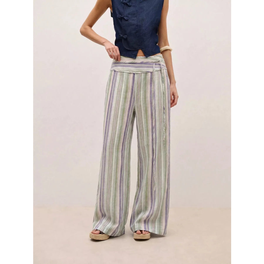 Striped Wide-Leg Pants with Tie Waist Light Green / S Apparel and Accessories