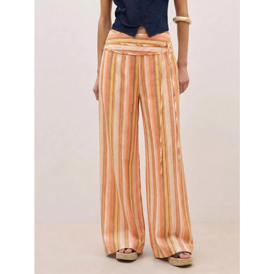Striped Wide-Leg Pants with Tie Waist Tangerine / S Apparel and Accessories