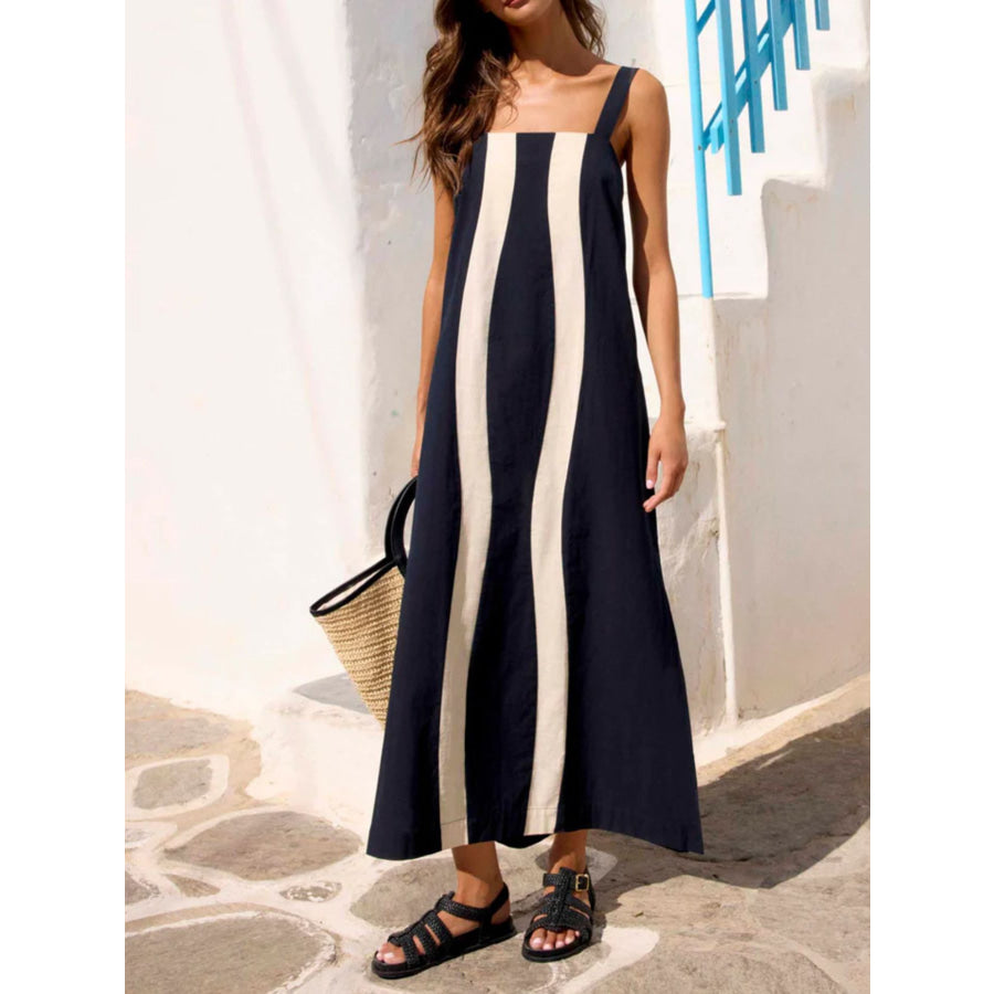Striped Wide Strap Midi Dress Black / S Apparel and Accessories