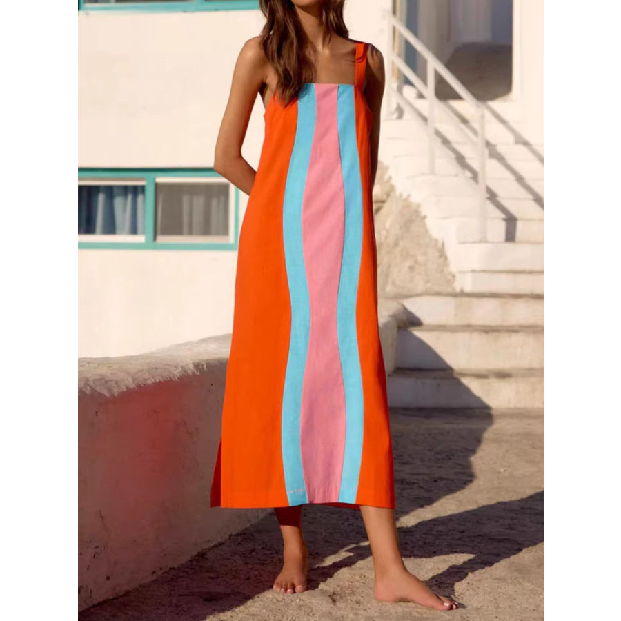 Striped Wide Strap Midi Dress Orange-red / S Apparel and Accessories