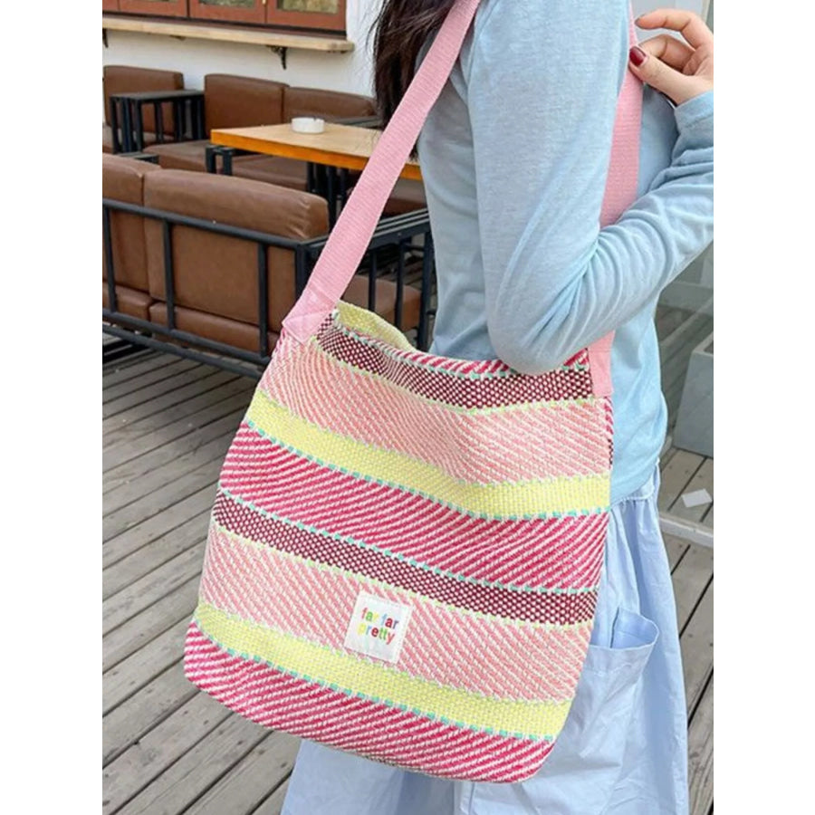 Striped Woven Shoulder Bag with Adjustable Strap Red Yellow / Adjustable Apparel and Accessories