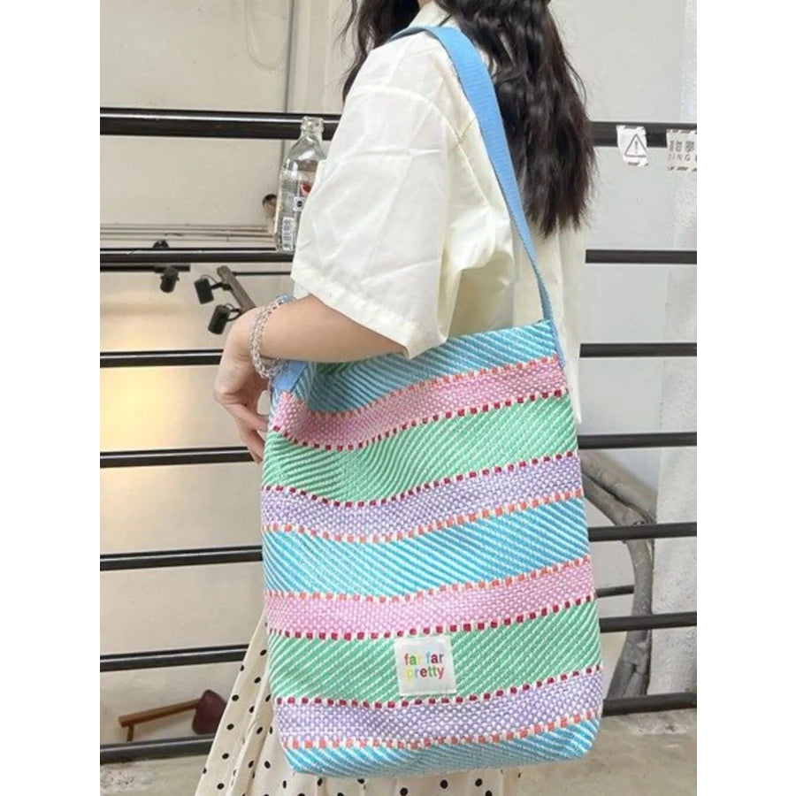 Striped Woven Shoulder Bag with Adjustable Strap Turquoise / Adjustable Apparel and Accessories