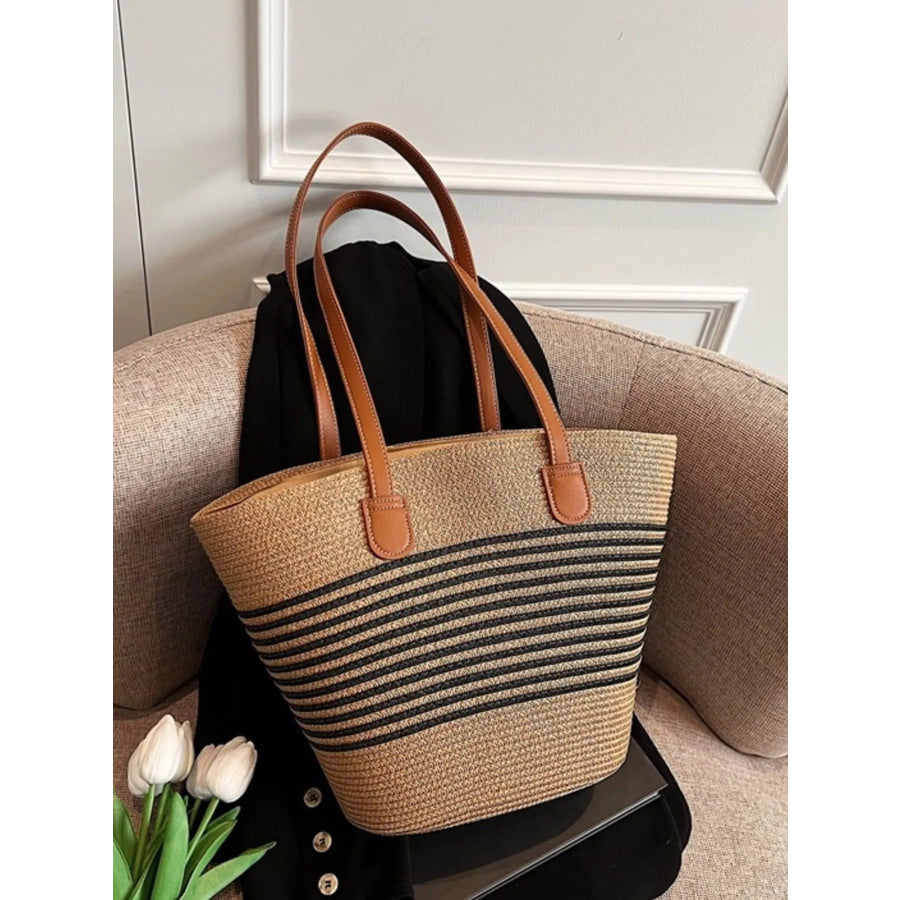 Striped Woven Straw Shoulder Bag Black / One Size Apparel and Accessories
