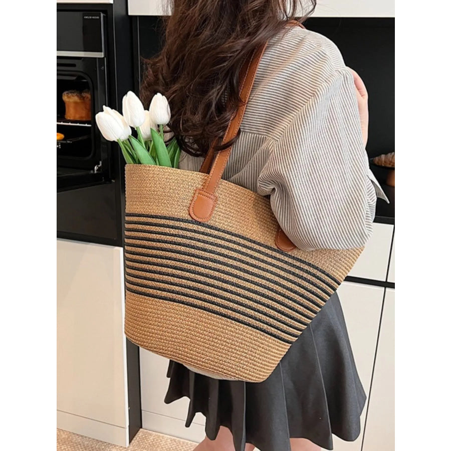 Striped Woven Straw Shoulder Bag Black / One Size Apparel and Accessories