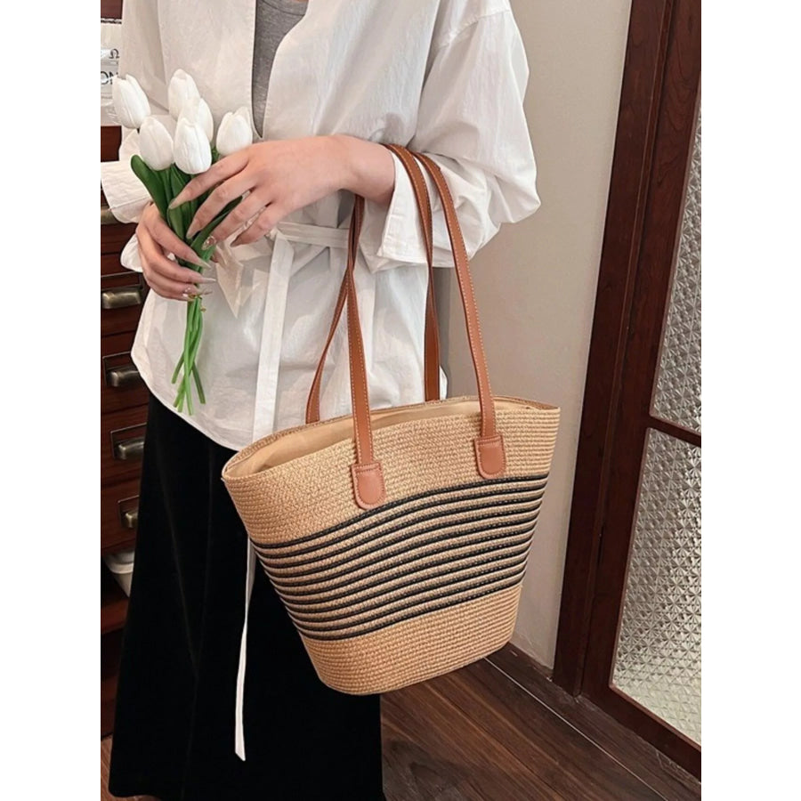 Striped Woven Straw Shoulder Bag Black / One Size Apparel and Accessories