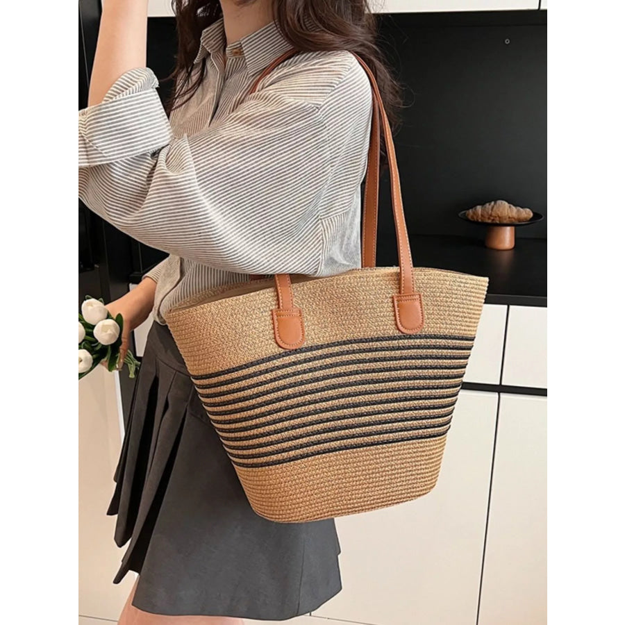 Striped Woven Straw Shoulder Bag Black / One Size Apparel and Accessories