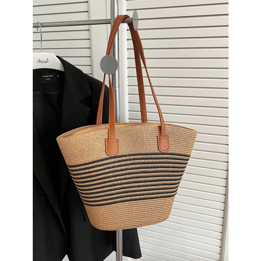 Striped Woven Straw Shoulder Bag Black / One Size Apparel and Accessories