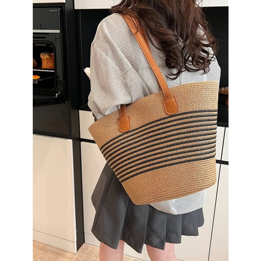 Striped Woven Straw Shoulder Bag Black / One Size Apparel and Accessories