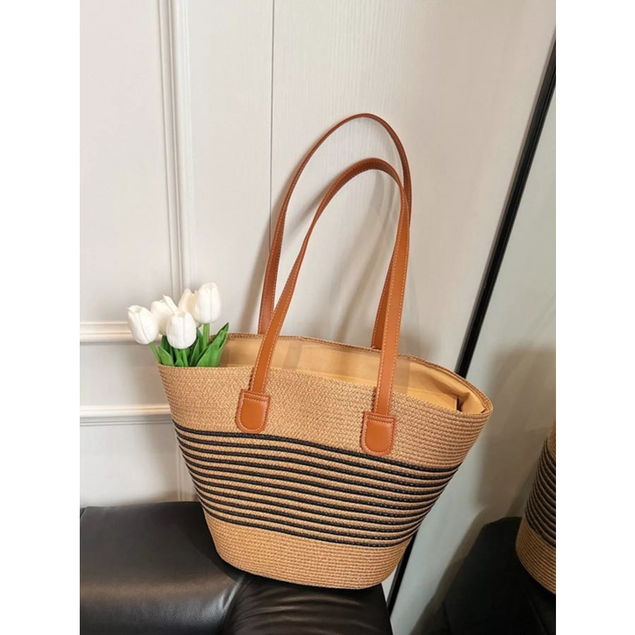 Striped Woven Straw Shoulder Bag Black / One Size Apparel and Accessories