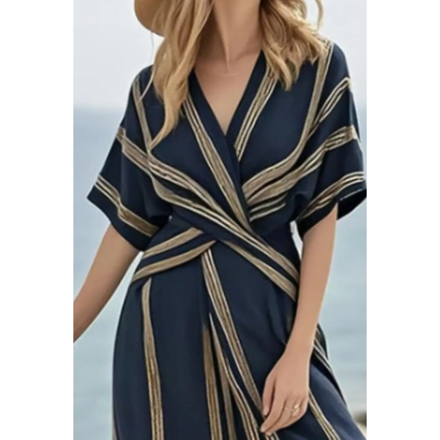 Striped Wrap Half Sleeve Maxi Dress Apparel and Accessories