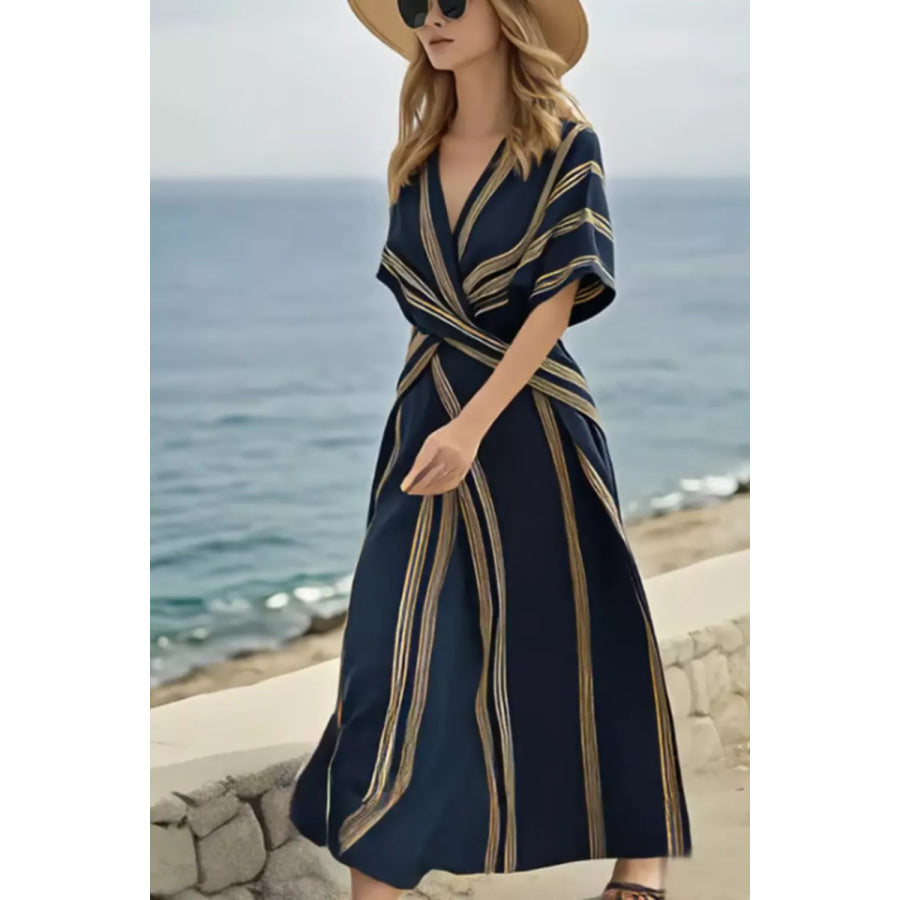 Striped Wrap Half Sleeve Maxi Dress Apparel and Accessories