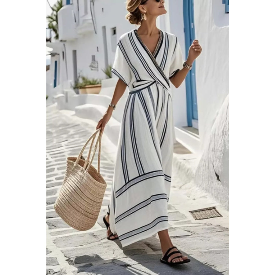 Striped Wrap Half Sleeve Maxi Dress Apparel and Accessories