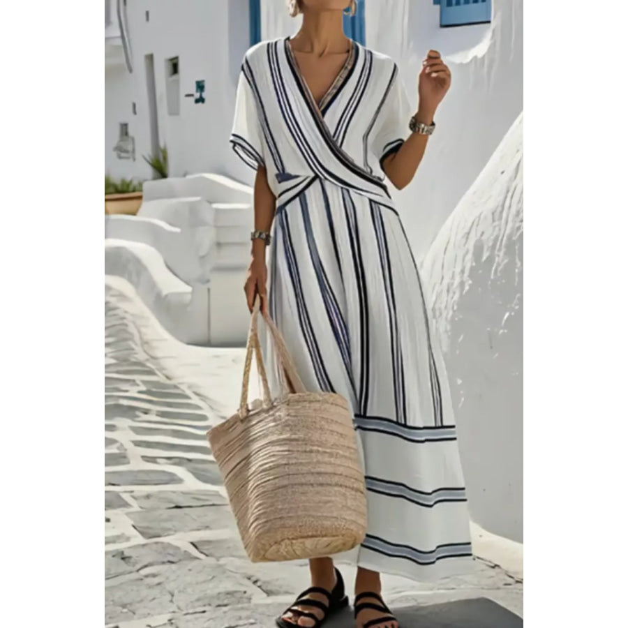 Striped Wrap Half Sleeve Maxi Dress White / S Apparel and Accessories