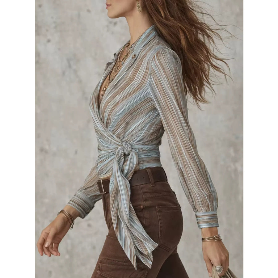 Striped Wrap Shirt with Tie-Front Detail Apparel and Accessories