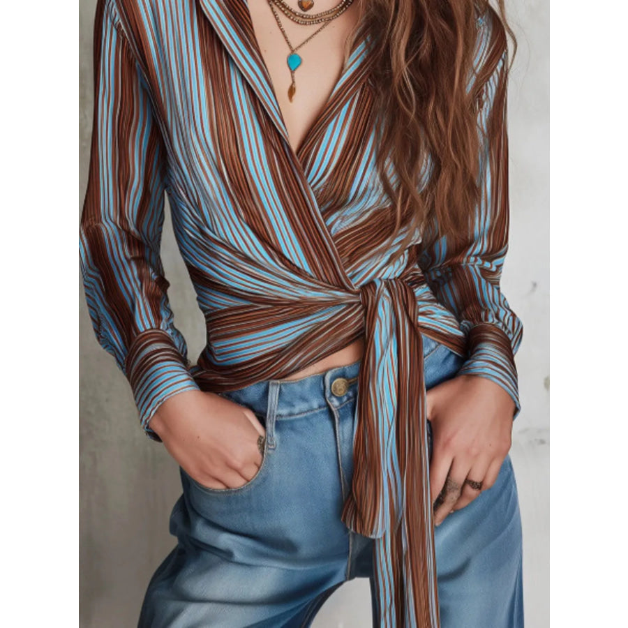 Striped Wrap Shirt with Tie-Front Detail Apparel and Accessories