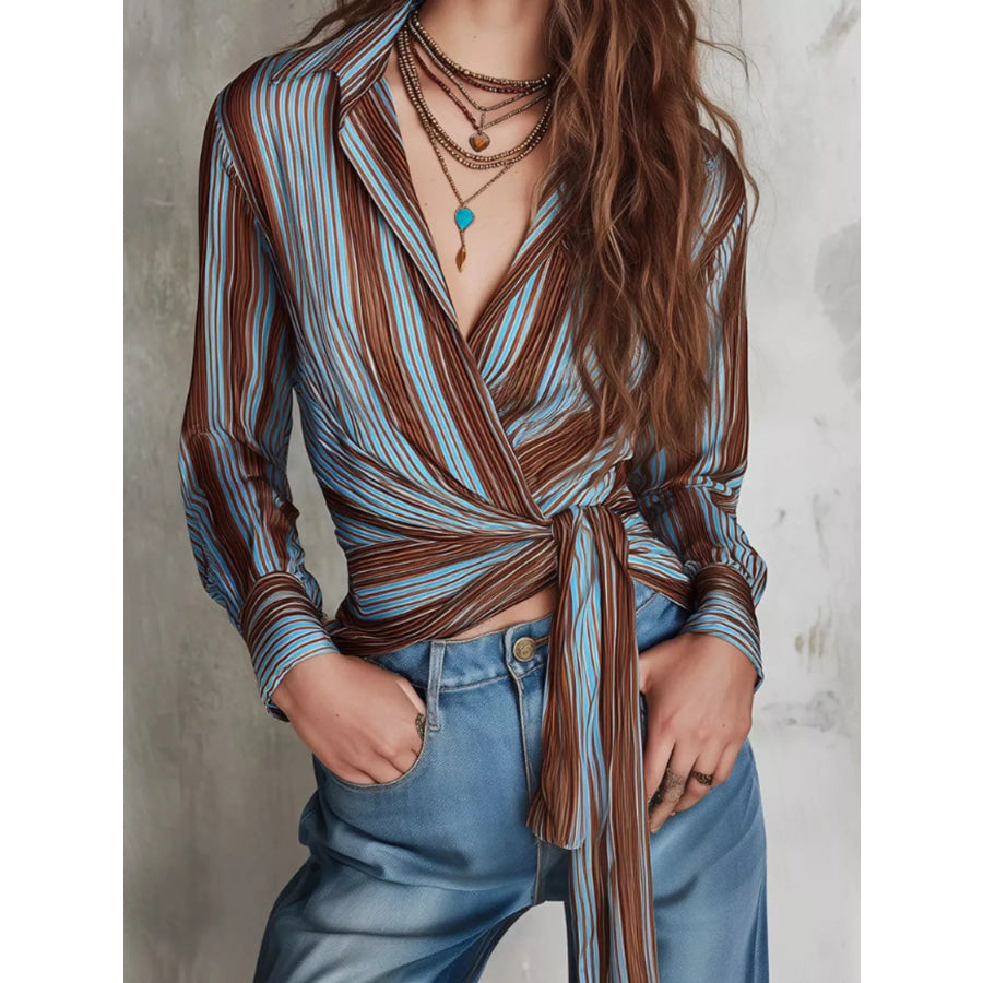 Striped Wrap Shirt with Tie-Front Detail Pastel Blue / S Apparel and Accessories