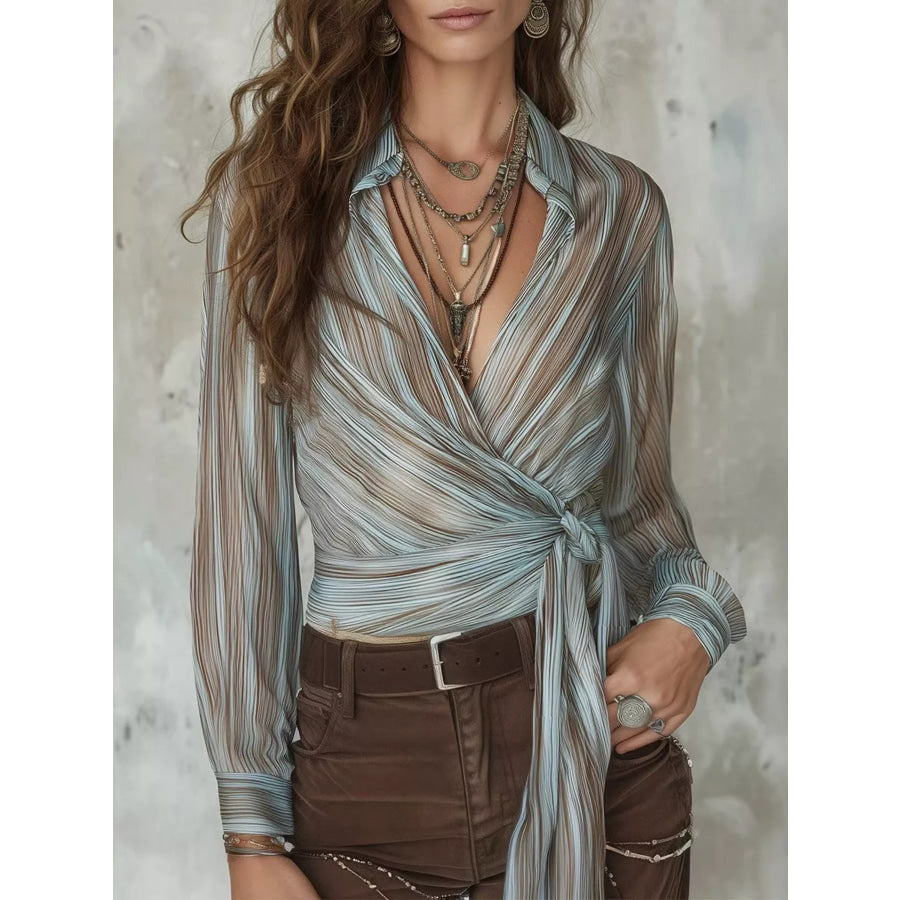 Striped Wrap Shirt with Tie-Front Detail Sage / S Apparel and Accessories