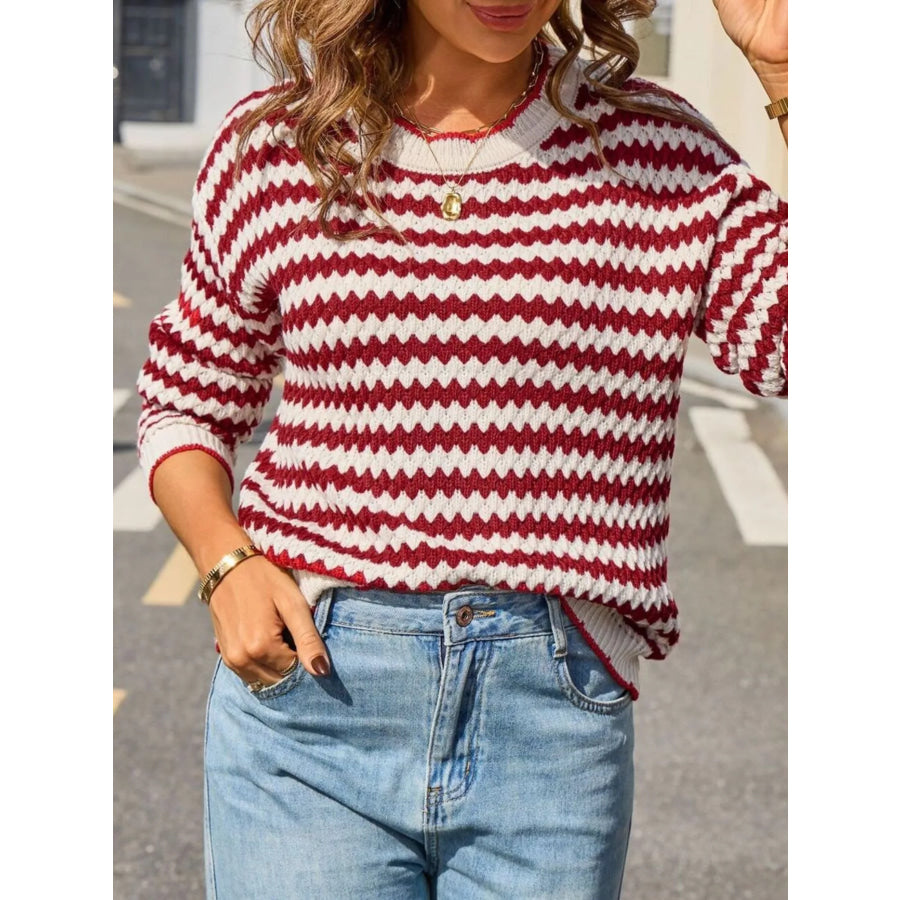 Striped Zigzag Knit Round Neck Sweater Apparel and Accessories