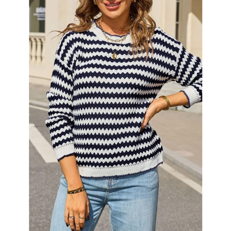 Striped Zigzag Knit Round Neck Sweater Apparel and Accessories