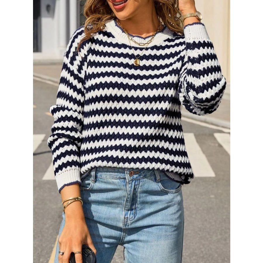 Striped Zigzag Knit Round Neck Sweater Apparel and Accessories