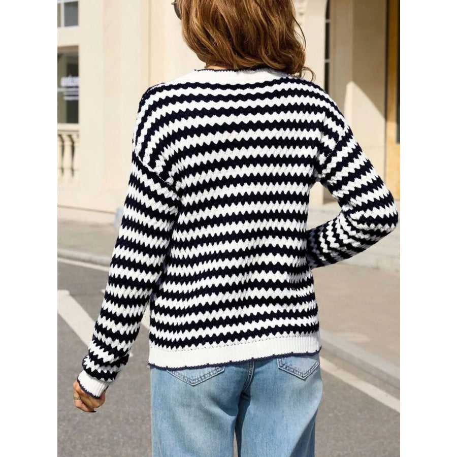 Striped Zigzag Knit Round Neck Sweater Apparel and Accessories