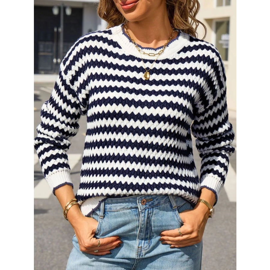 Striped Zigzag Knit Round Neck Sweater Navy Blue / S Apparel and Accessories