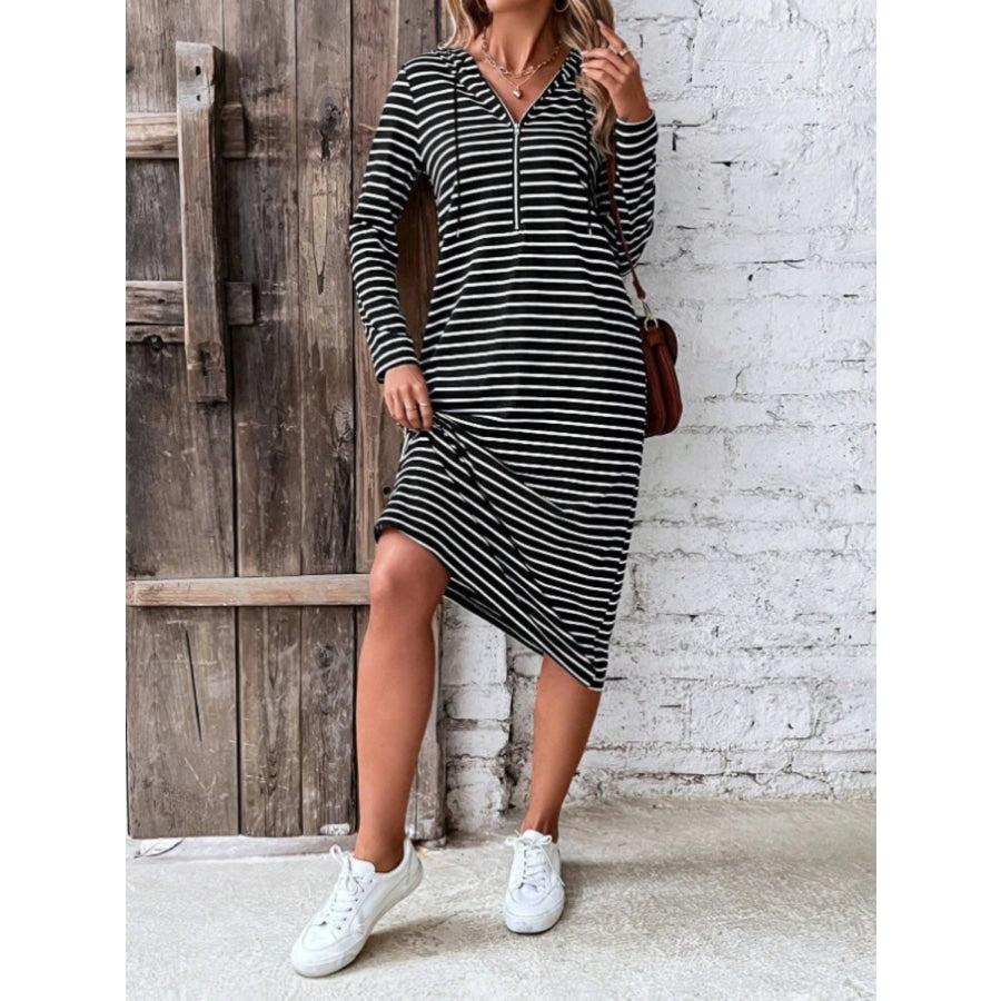 Striped Zip Front Hooded Dress Black / S