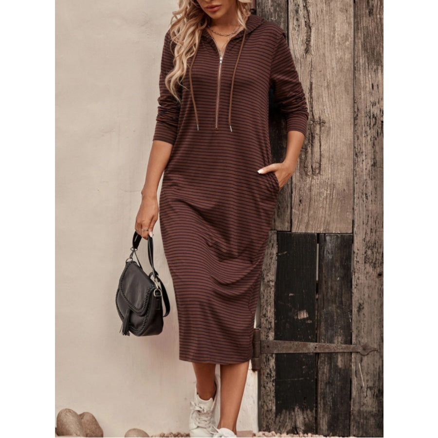 Striped Zip Front Hooded Dress Chestnut / S