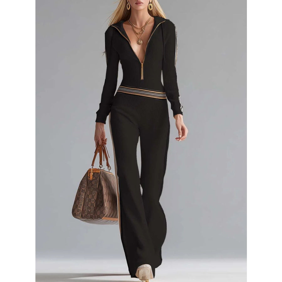 Striped Zip Front Hooded Jumpsuit Black / S Apparel and Accessories