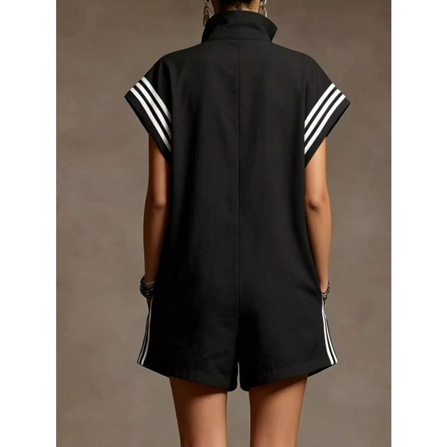 Striped Zip Front Short Sleeve Romper Apparel and Accessories