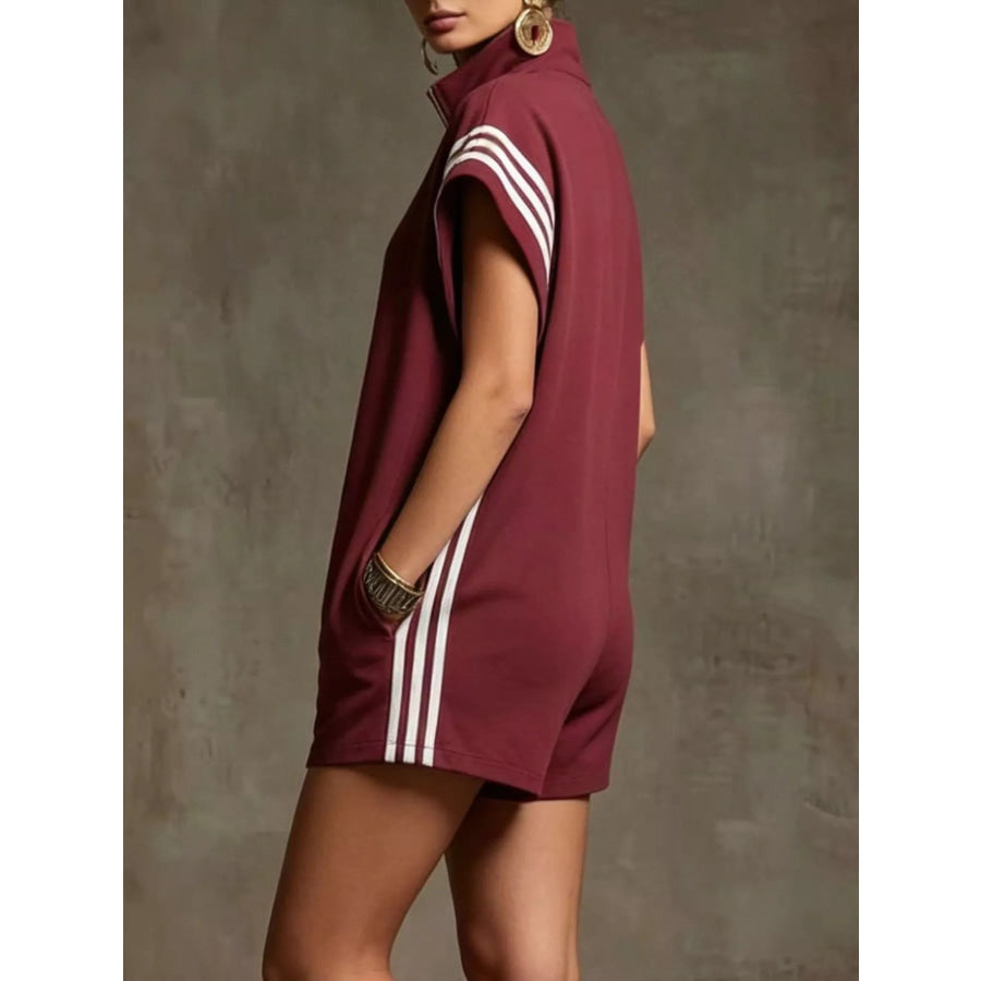 Striped Zip Front Short Sleeve Romper Apparel and Accessories