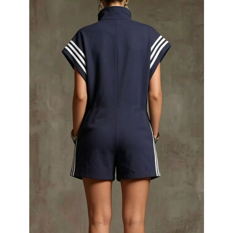 Striped Zip Front Short Sleeve Romper Apparel and Accessories