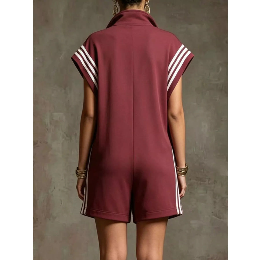 Striped Zip Front Short Sleeve Romper Apparel and Accessories