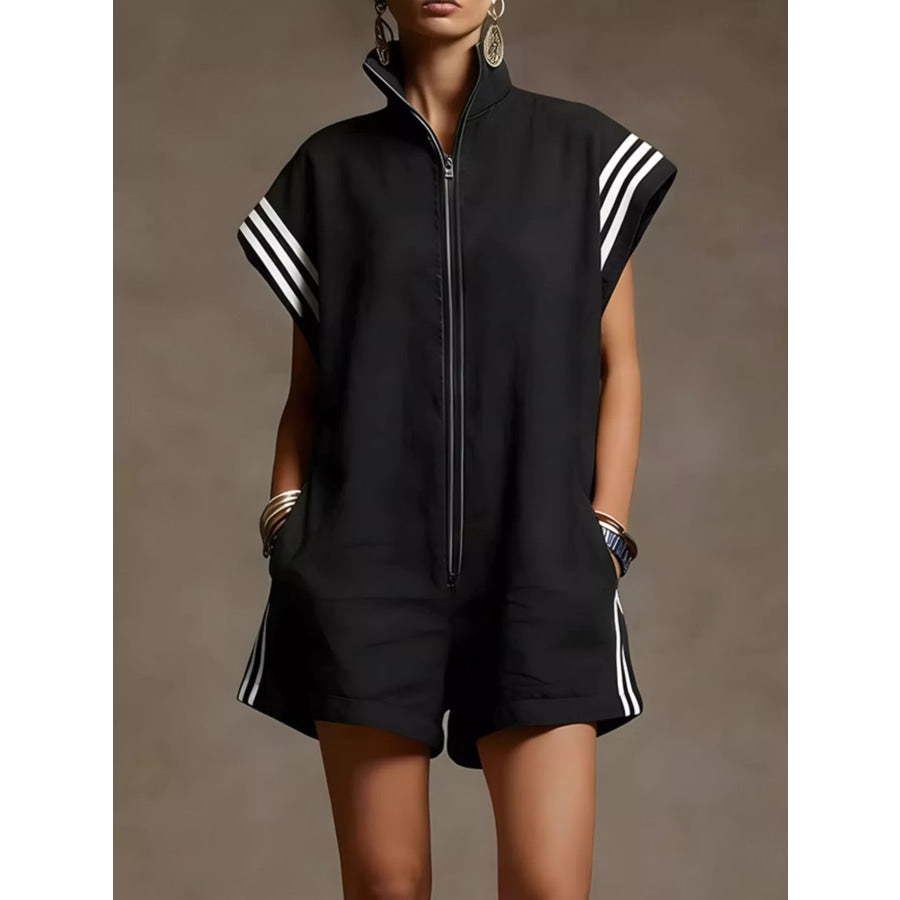 Striped Zip Front Short Sleeve Romper Black / S Apparel and Accessories