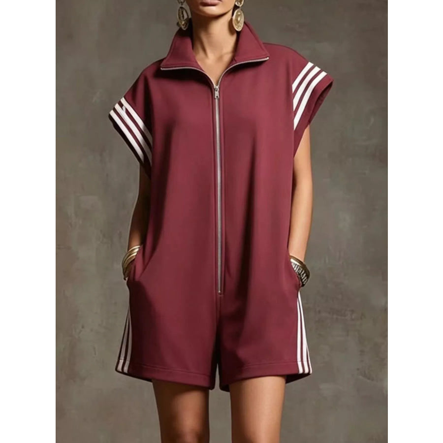 Striped Zip Front Short Sleeve Romper Burgundy / S Apparel and Accessories
