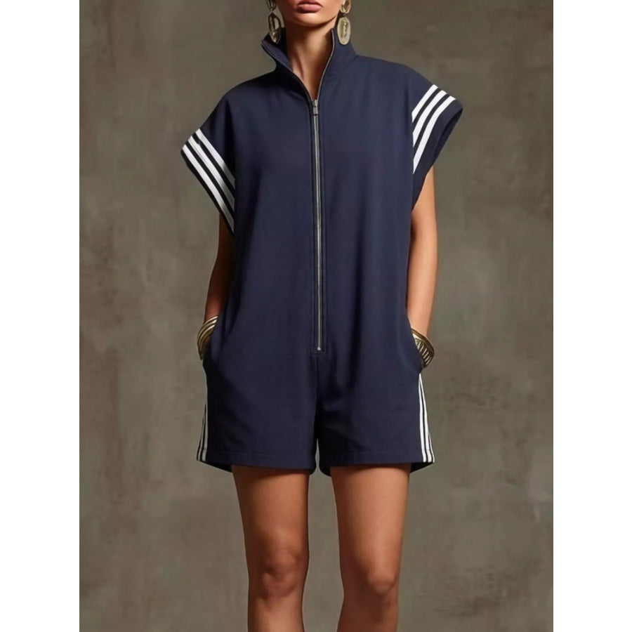 Striped Zip Front Short Sleeve Romper Navy Blue / S Apparel and Accessories