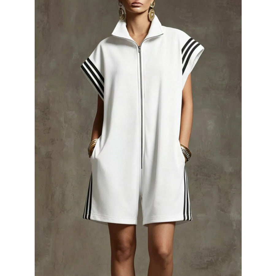 Striped Zip Front Short Sleeve Romper White / S Apparel and Accessories