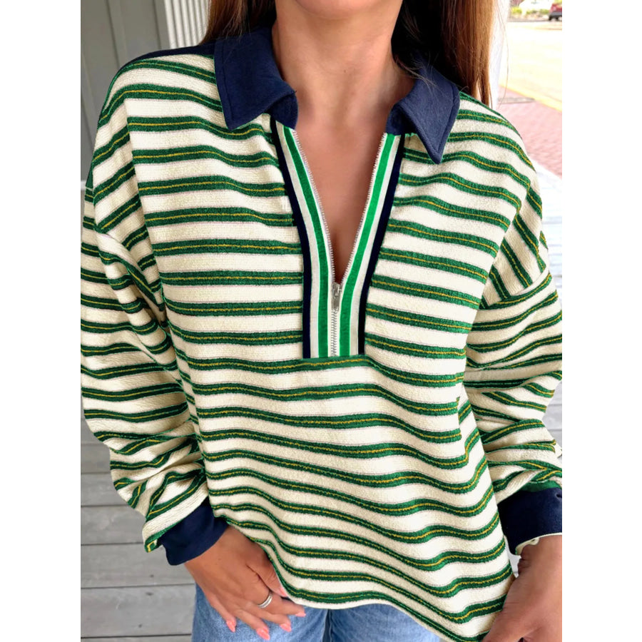 Striped Zip-Up Collar Sweatshirt Stripe / S Apparel and Accessories