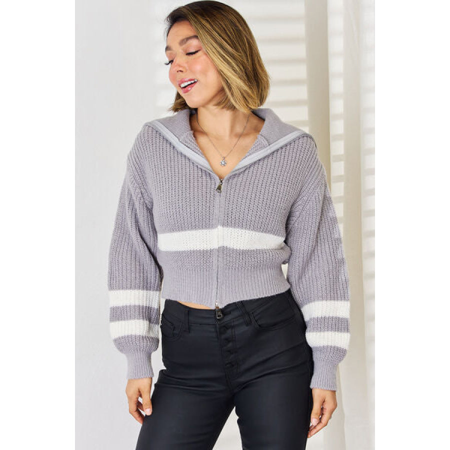 Striped Zip Up Dropped Shoulder Cardigan Apparel and Accessories