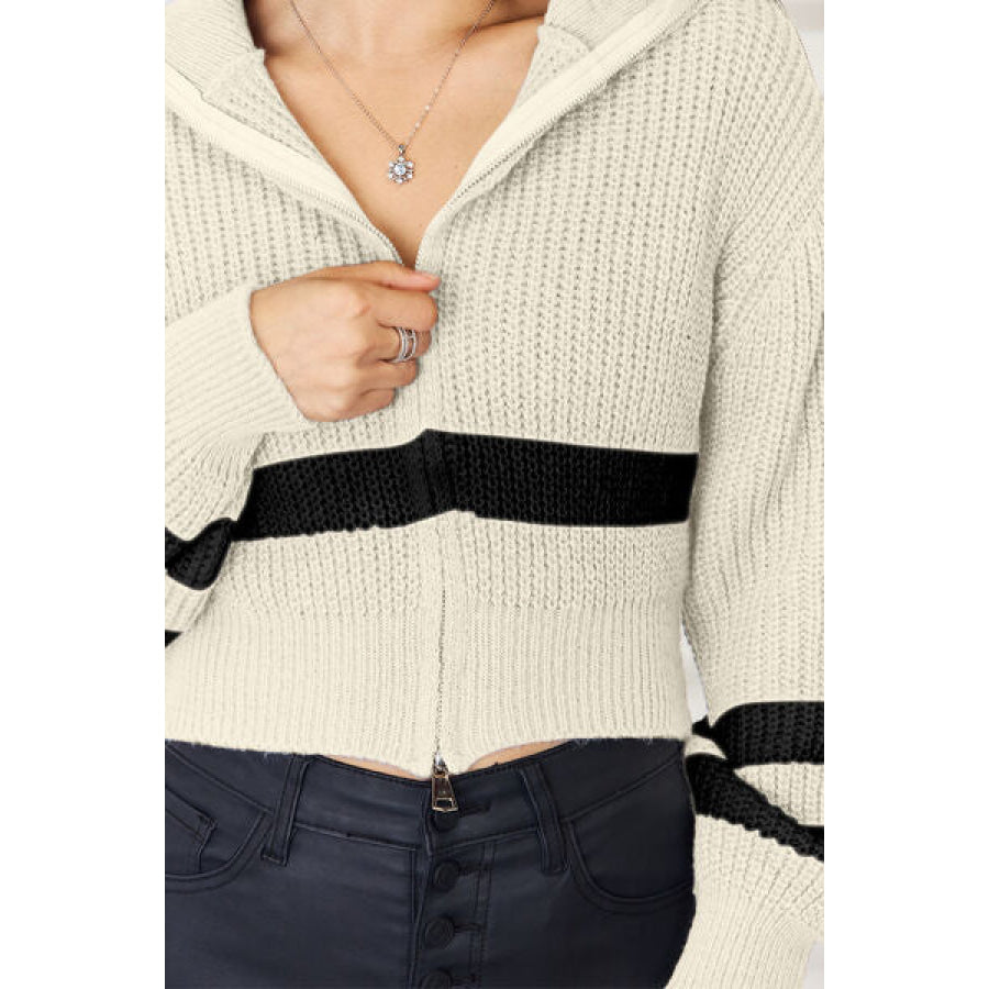 Striped Zip Up Dropped Shoulder Cardigan Apparel and Accessories