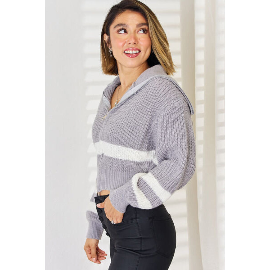 Striped Zip Up Dropped Shoulder Cardigan Apparel and Accessories