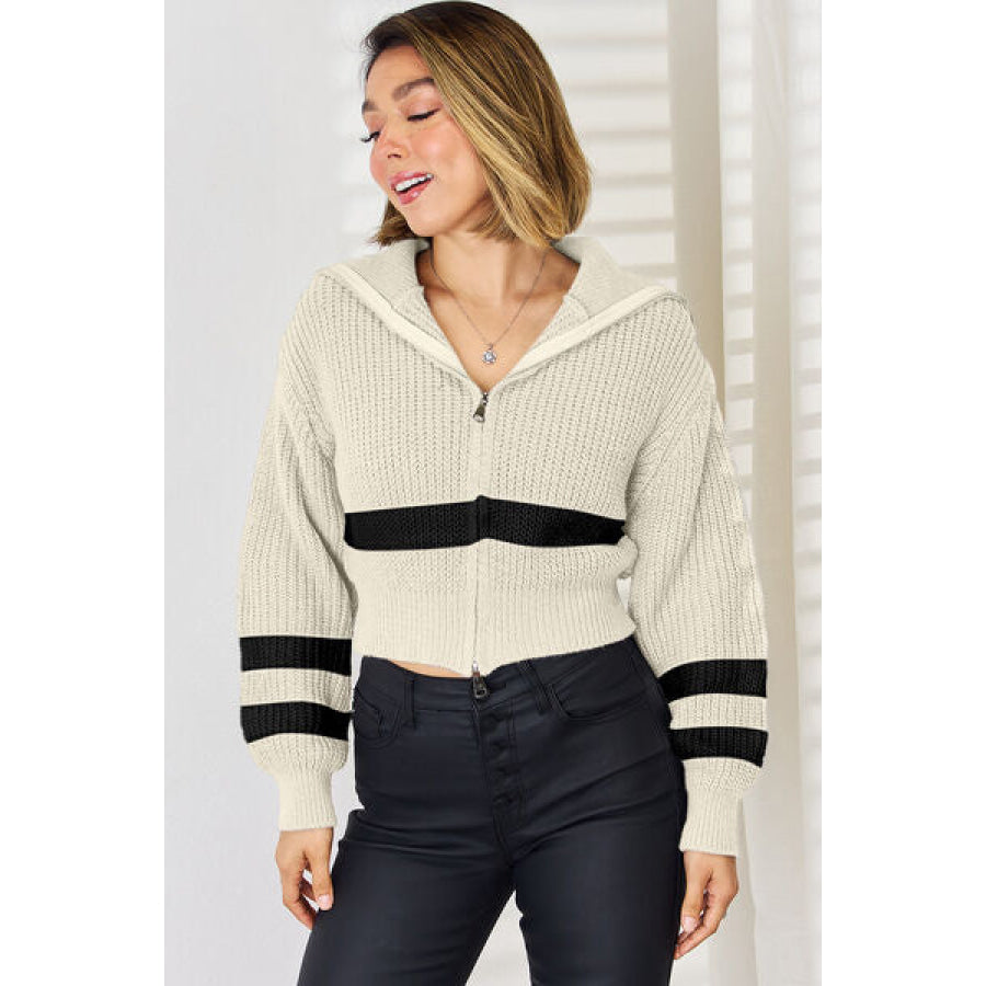 Striped Zip Up Dropped Shoulder Cardigan Apparel and Accessories